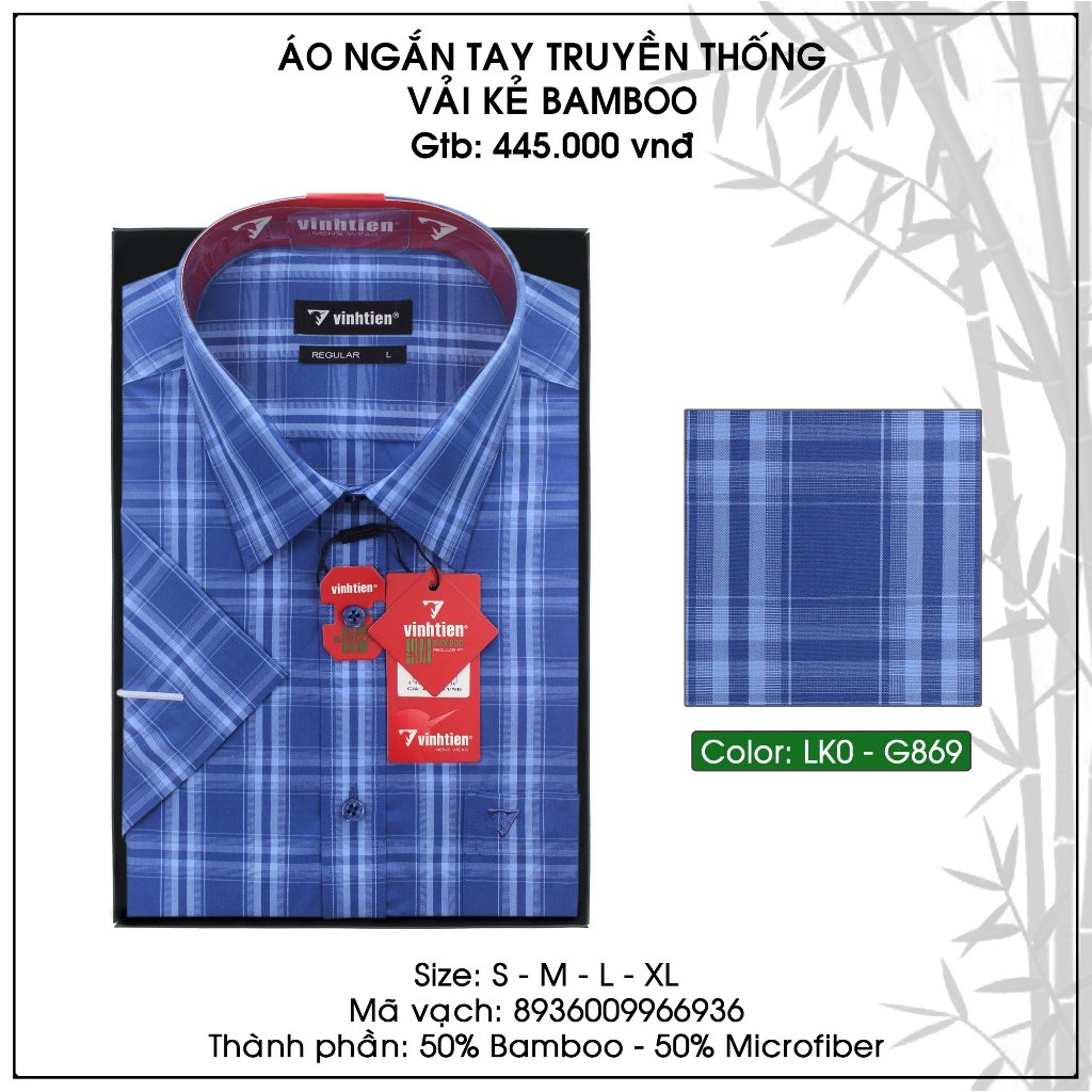 Áo Sơ Mi Ngắn Tay Caro Vải Bamboo Vạt Ngang Form Regular Vĩnh Tiến 445