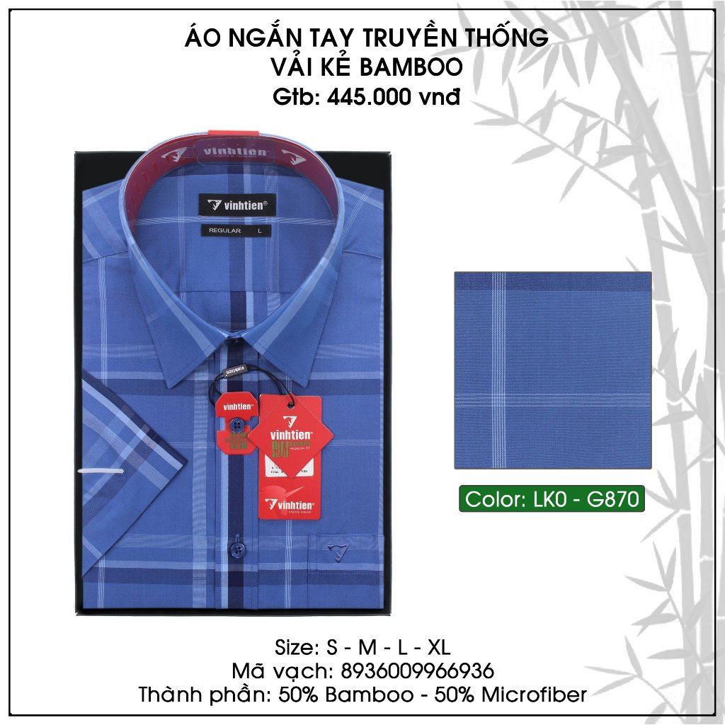 Áo Sơ Mi Ngắn Tay Caro Vải Bamboo Vạt Ngang Form Regular Vĩnh Tiến 445