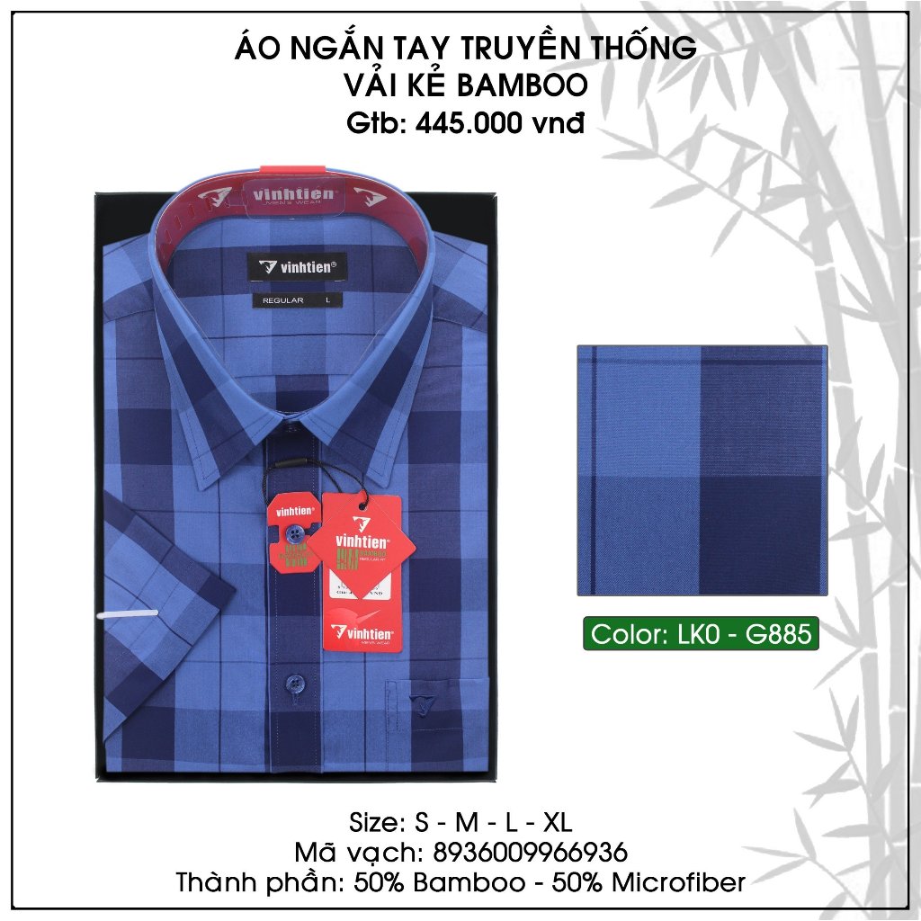 Áo Sơ Mi Ngắn Tay Caro Vải Bamboo Vạt Ngang Form Regular Vĩnh Tiến 445
