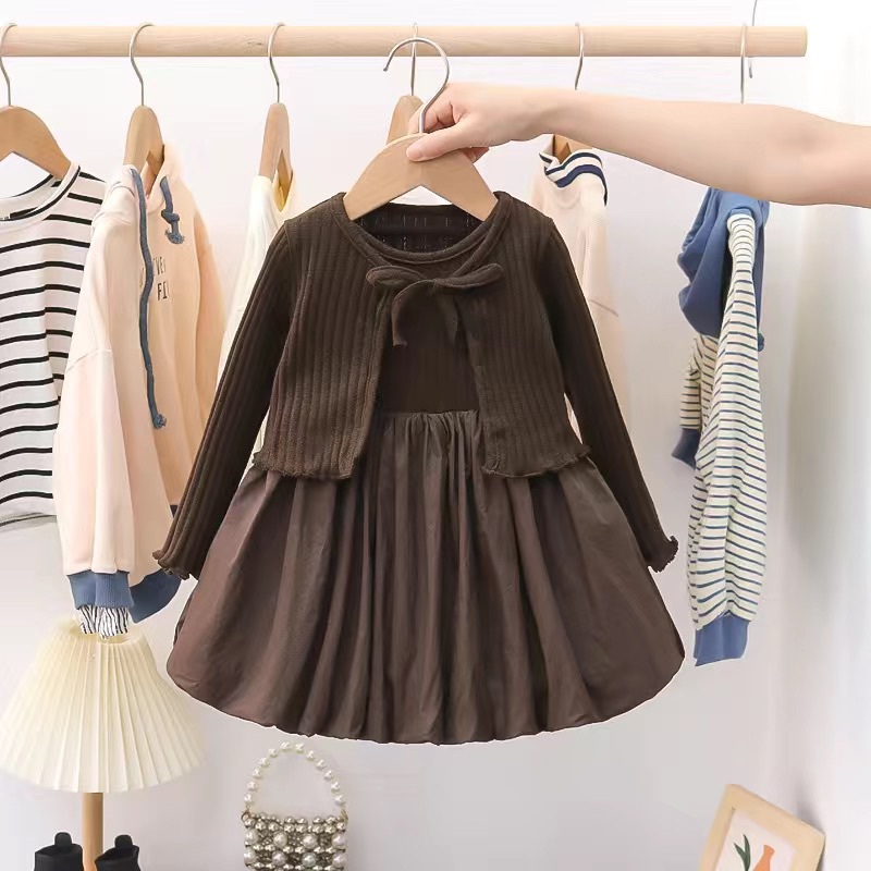 T056 HÀNG QCCC Set váy balo kèm áo khoác cadigan thắt nơ cho bé gái phong cách điệu đà tiểu thư thời trang thu đông 2023