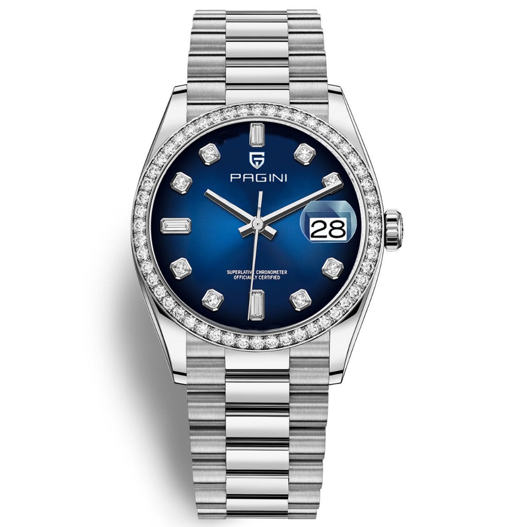 Đồng Hồ Nam Pagini 8822 Máy Pin - Dây Thép Không Gỉ - Viền Đính Đá Sang Trọng - Hiển Thị Lịch Ngày