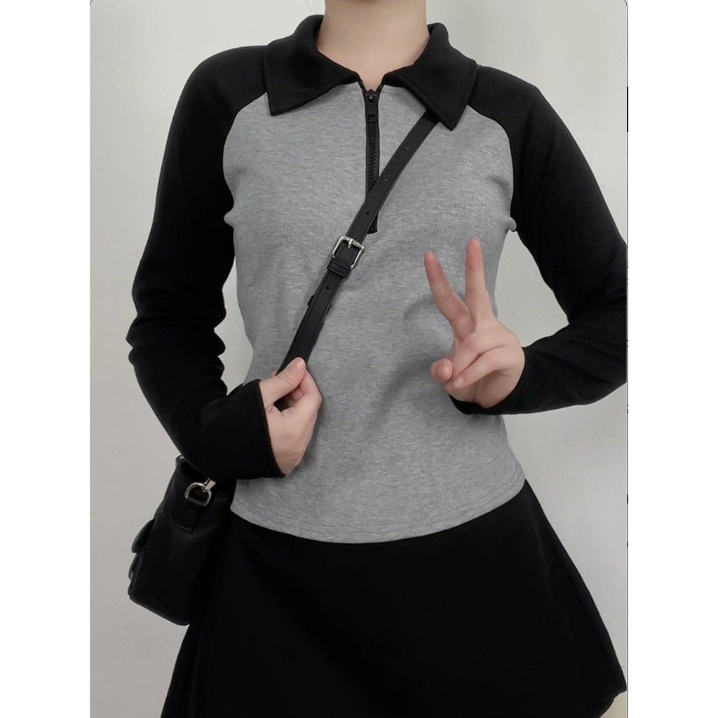Áo raglan polo cổ zip dài tay peonyb nữ - Thun kiểu dáng babytee ôm body bánh bèo tiểu thư hotgirl phong cách năng động