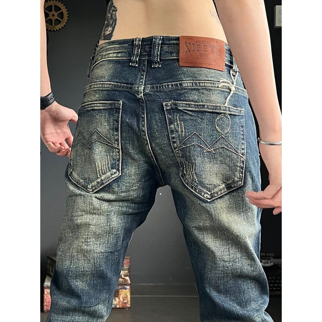Quần jean XIGETU màu xanh was rêu cào xước nhiều đường chất jean cao cấp chi tiết như hình J2858 K3 STORE