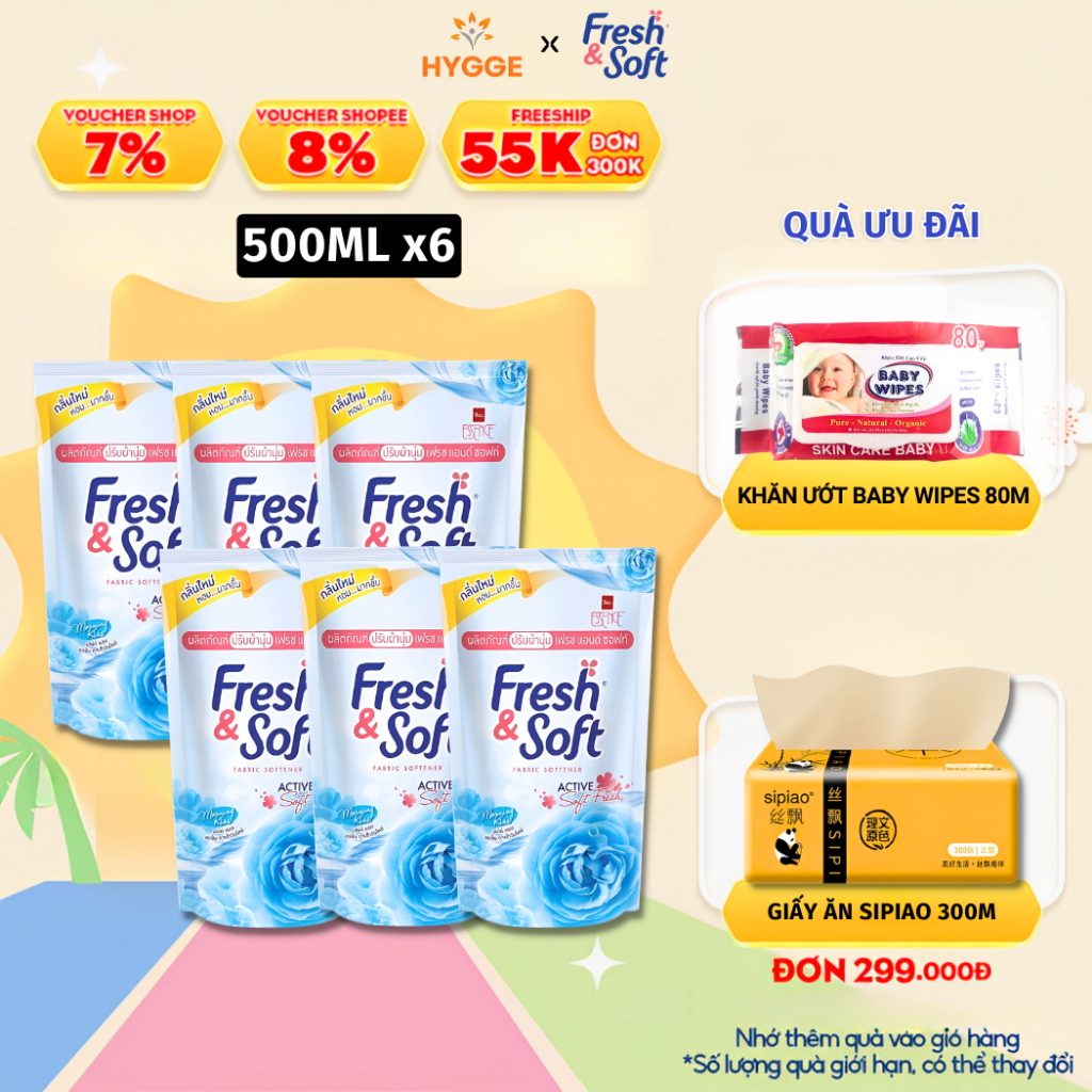 Combo 6 Nước Xả Vải Thái Lan Quần Áo Fresh & Soft Hương Thơm Lâu  500ml