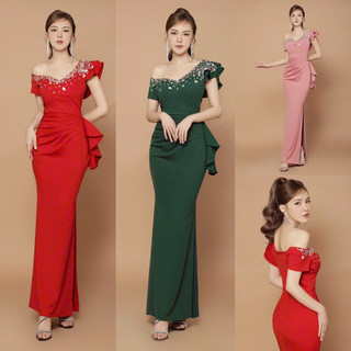 Đầm dạ hội trễ vai đá gương sang trọng. Nhập QC