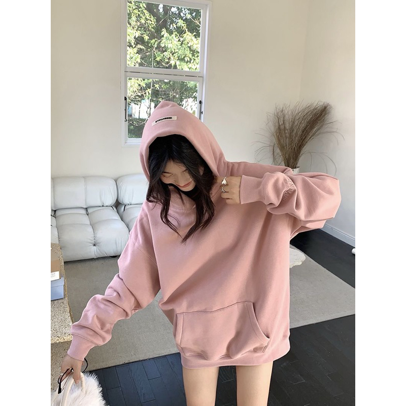 Áo hoodie hồng pastel lót nỉ lông mềm mịn, dáng rộng Quảng Châu