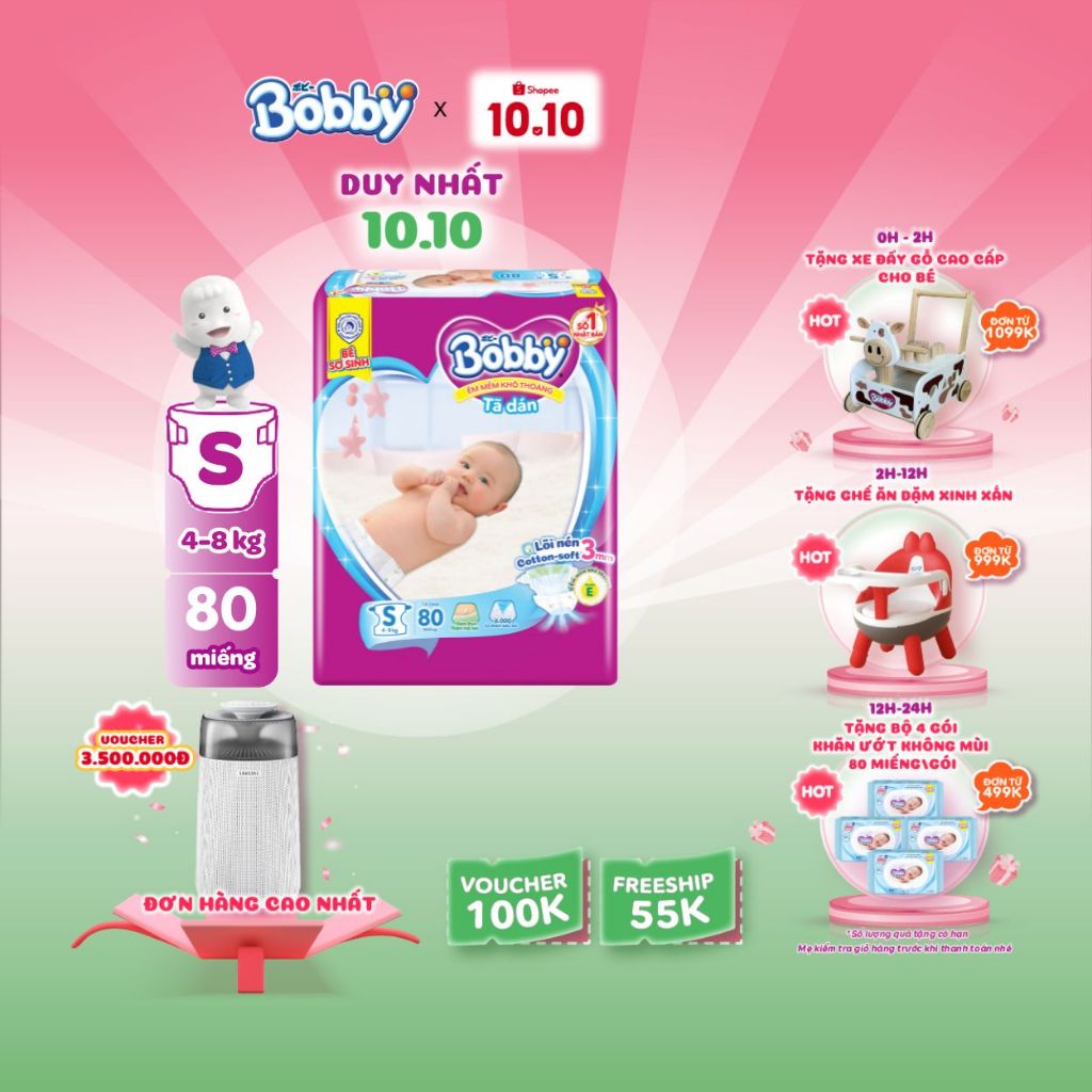 Tã dán sơ sinh Bobby S80 mới- Lõi nén cotton-soft 3mm