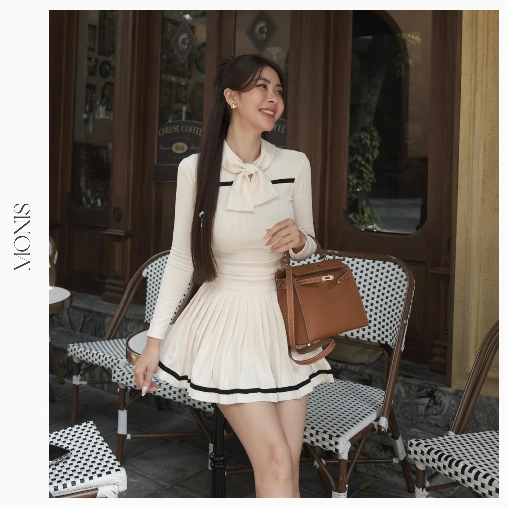 MONIS - Set tiểu thư dài tay nhung tăm chân váy xếp ly sang chảnh