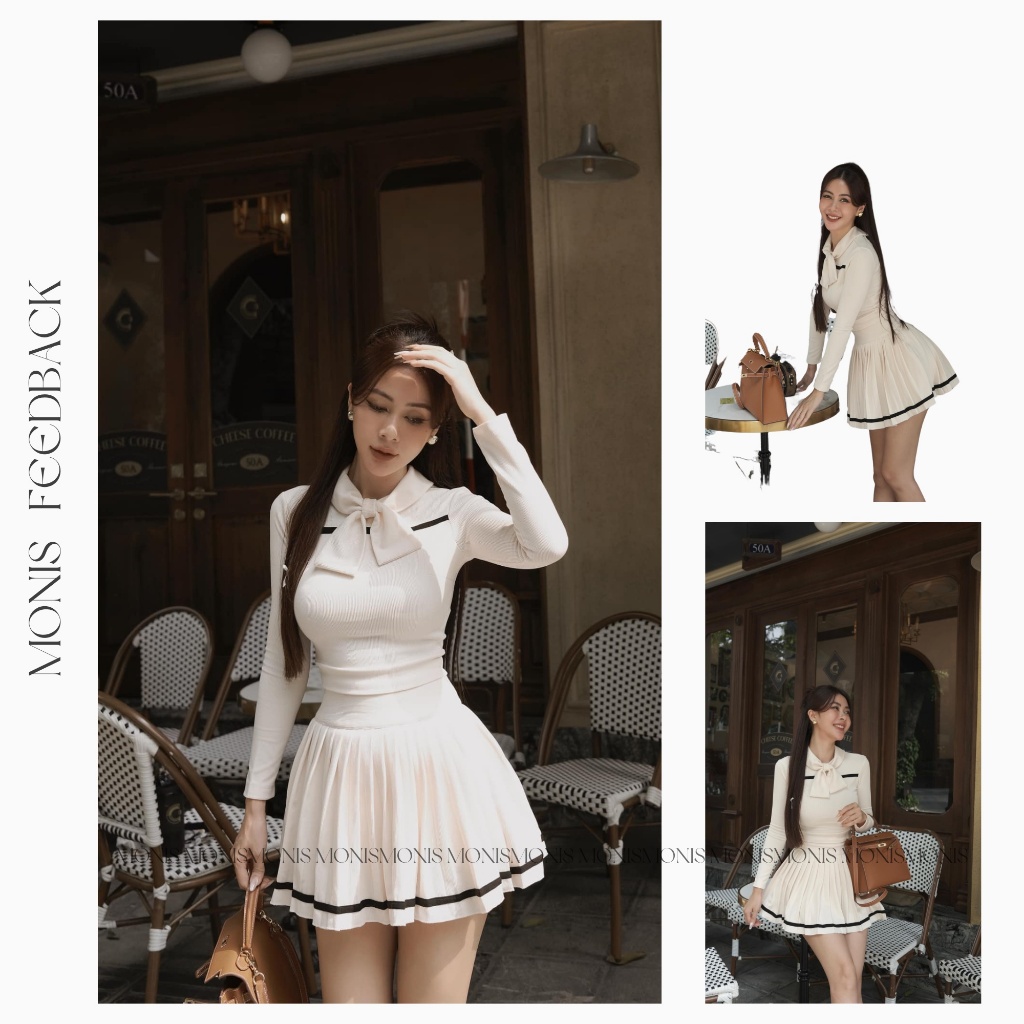 MONIS - Set tiểu thư dài tay nhung tăm chân váy xếp ly sang chảnh