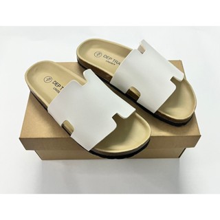 Dép đế trấu Birken nam nữ unisex quai chữ h màu trắng