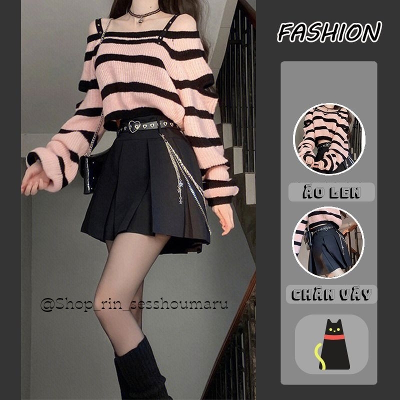 Set áo len vai trễ kèm chân váy mix phụ kiện
