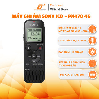 Máy ghi âm Sony ICD - PX470 4G, hỗ trợ thẻ nhớ 32G, micro tích hợp: stereo, kết nối PC có USB | TECHMART