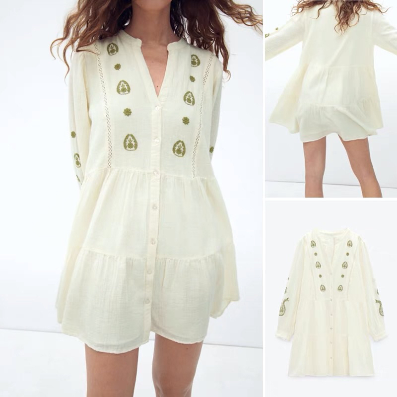 Đầm baby doll trắng hoa thêu hàng TQ