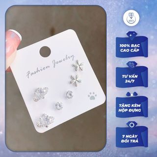 Set Bông tai Bạc nữ 925 đính đá HVJ A80, Khuyên tai nữ bạc nạm đá kèm hộp đựng