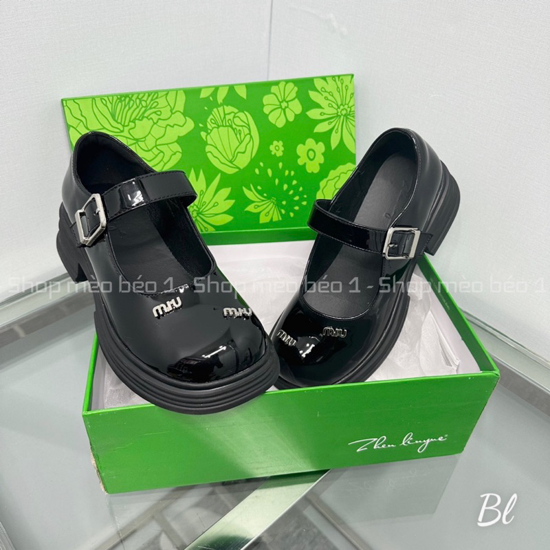 Giày búp bê miu phối chữ quai ngang da bóng mũi tròn đế thấp fullbox hàng quảng châu cao cấp
