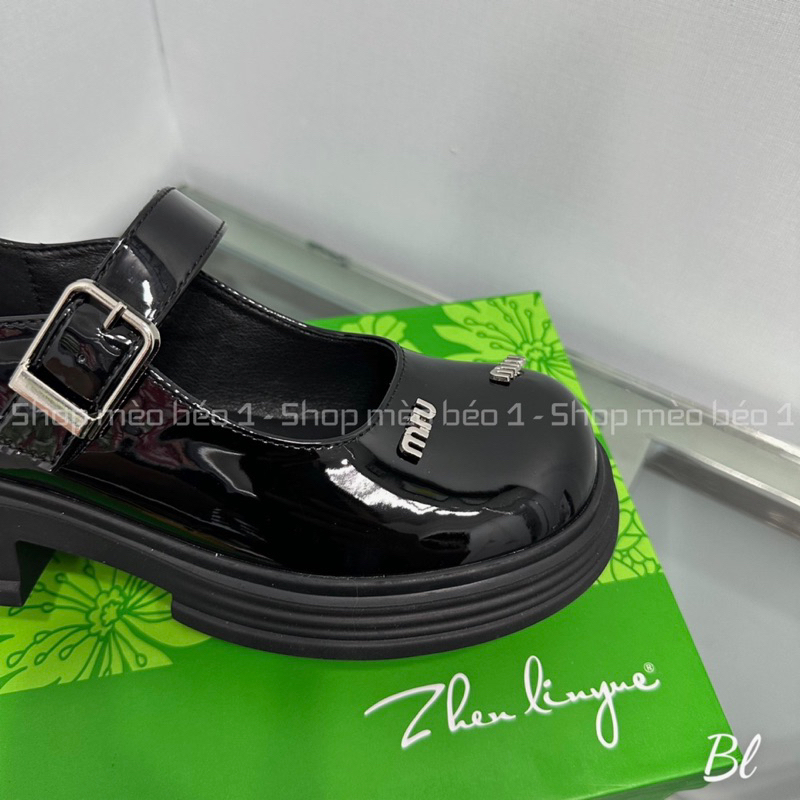 Giày búp bê miu phối chữ quai ngang da bóng mũi tròn đế thấp fullbox hàng quảng châu cao cấp