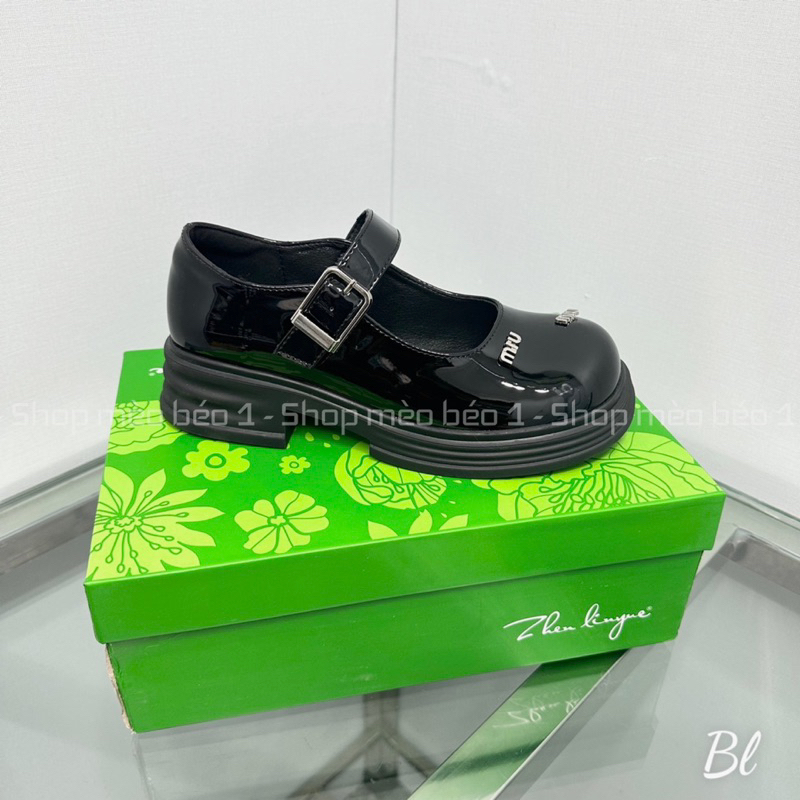 Giày búp bê miu phối chữ quai ngang da bóng mũi tròn đế thấp fullbox hàng quảng châu cao cấp