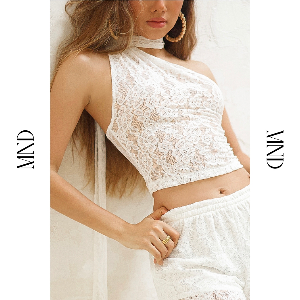 MACHNHADUONG - Áo ren lệch vai màu trắng - FIRA TOP WHITE