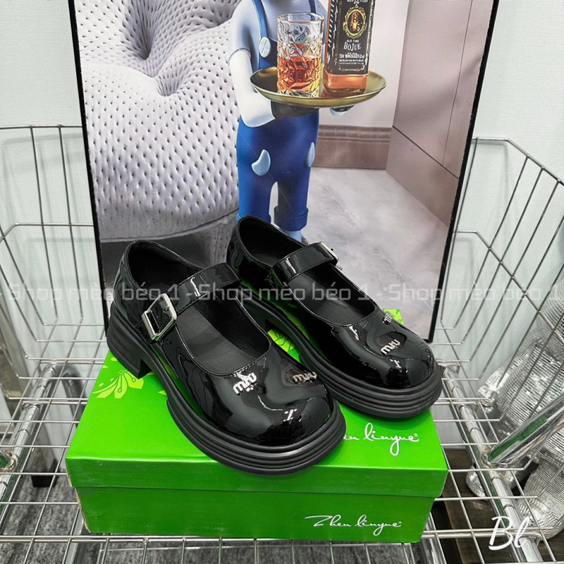 Giày búp bê miu phối chữ quai ngang da bóng mũi tròn đế thấp fullbox hàng quảng châu cao cấp