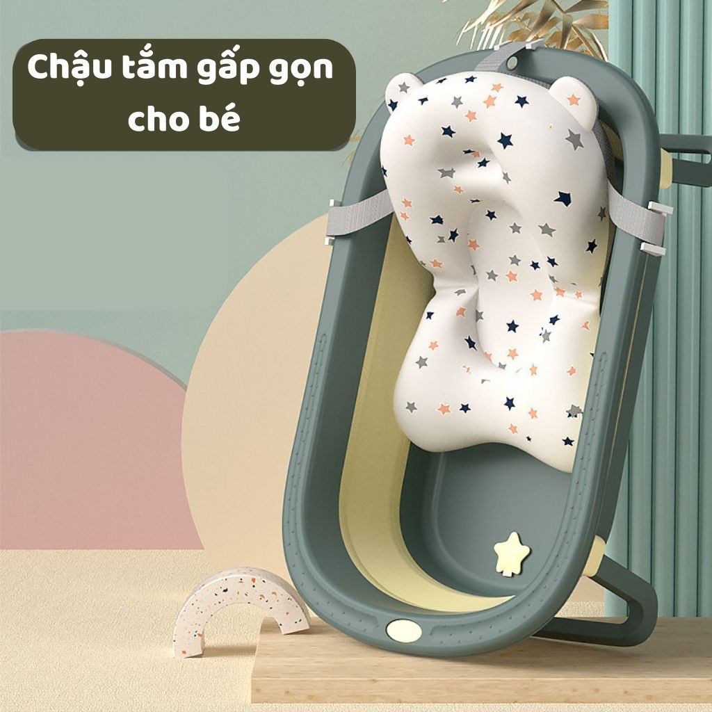 Chậu tắm gấp gọn cho bé MỊN KIDS, chăn in hình thú đáng yêu cho bé 0-12 Tháng