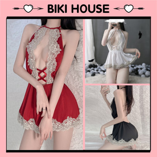 Váy ngủ sexy cổ yếm phối ren khoét ngực gợi cảm đầm mặc nhà hở lưng tặng chip lọt khe quyến rũ BIKI HOUSE N109 - Hỏa Tốc