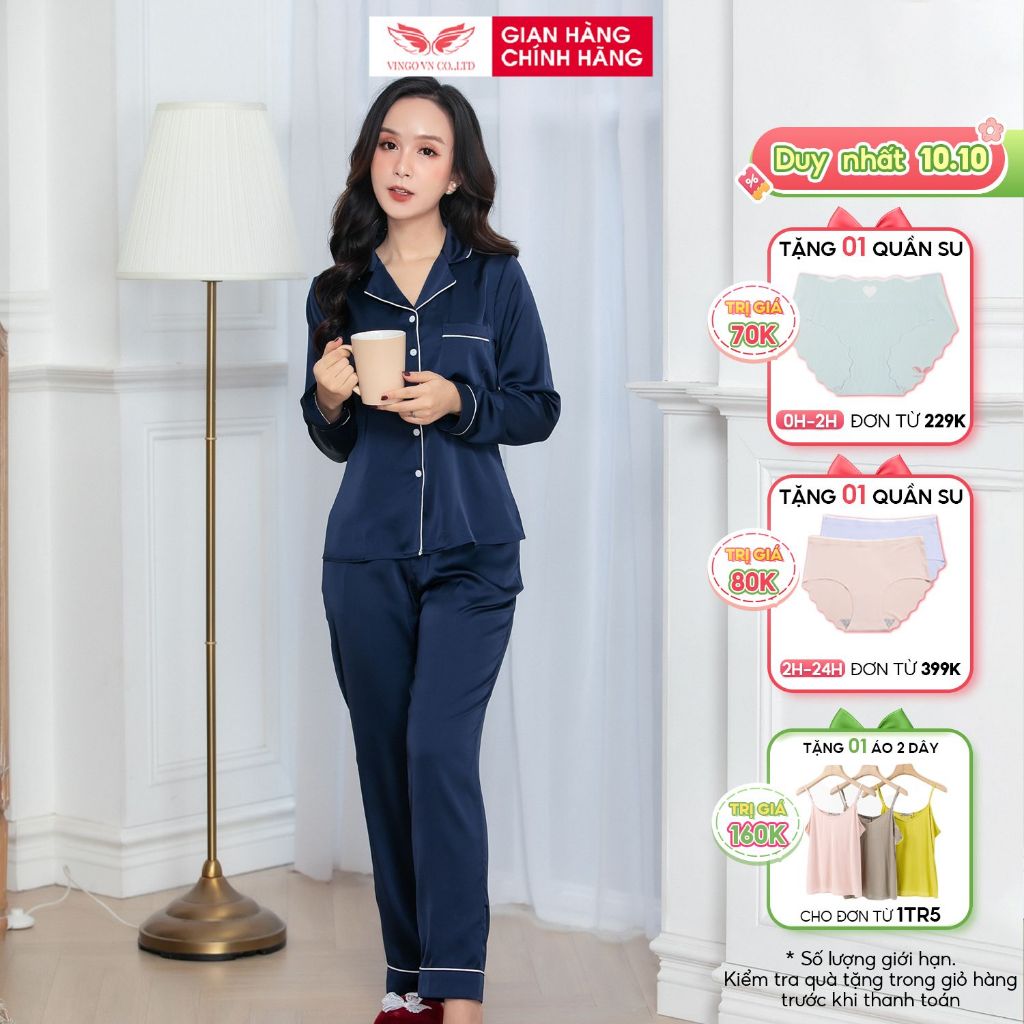 Đồ bộ Pijama nữ mặc nhà lụa Pháp VINGO tay dài quần dài mùa Thu Đông H253 VNGO