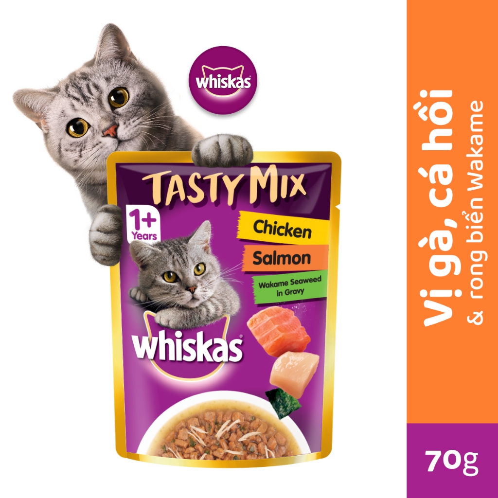 [Quàn tặng không bán] WHISKAS Tasty Mix Thức ăn cho mèo trưởng thành dạng sốt  túi 70g vị Gà, Cá hồi, và rong biển Wakam