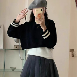 Áo len croptop tay dài form rộng phối kẻ sọc cổ tay chất len mịn freesize, áo len nữ hàn quốc mùa đông