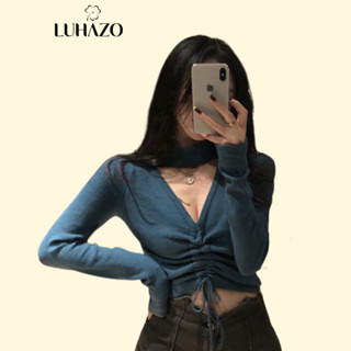 Áo croptop tay dài len dệt kim LUHAZO cổ chữ V thiết kế rút dây quyến rũ cho nữ M175 T-8