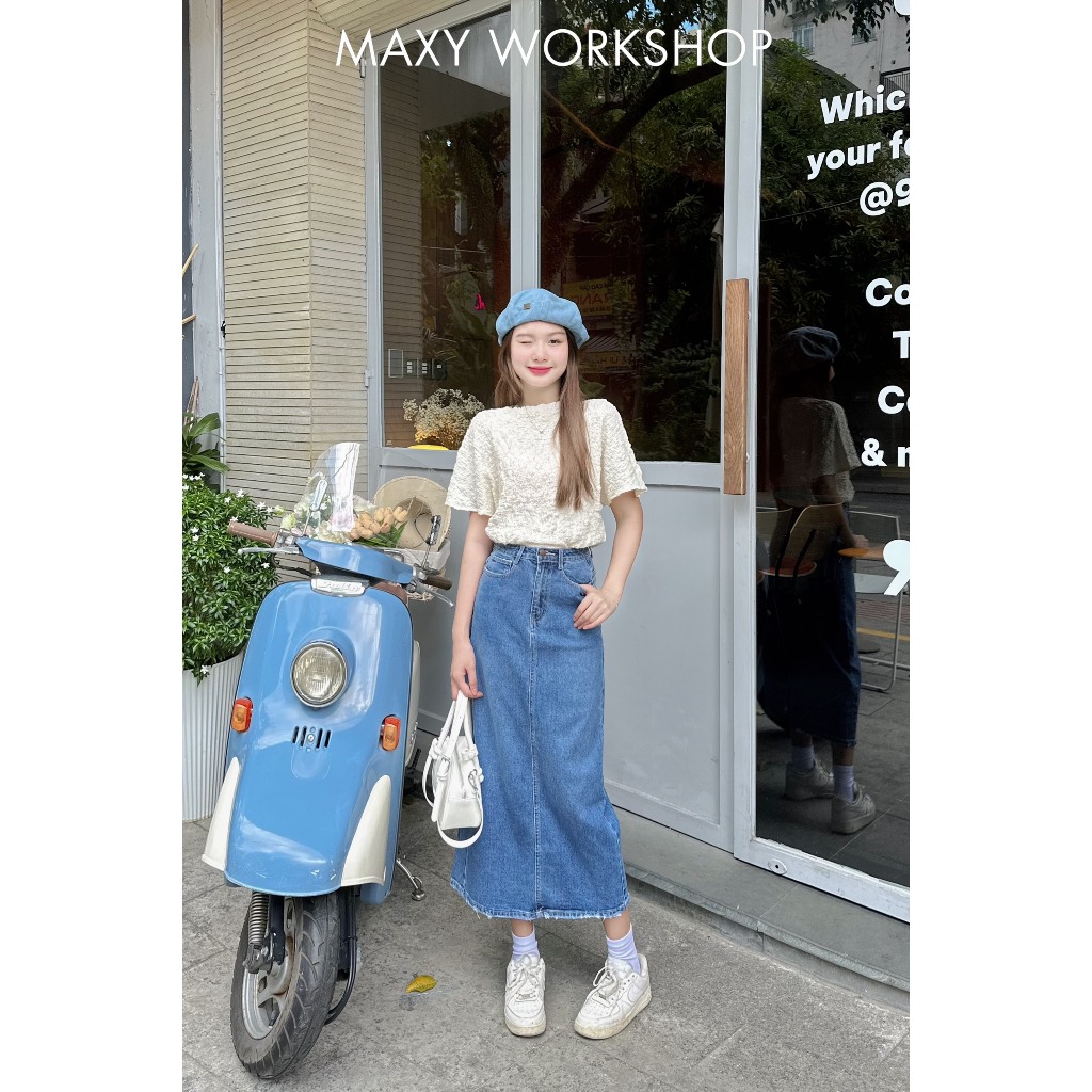 Chân váy jeans xẻ sau siêu hot Jeans Cutback Skirt Maxy Workshop