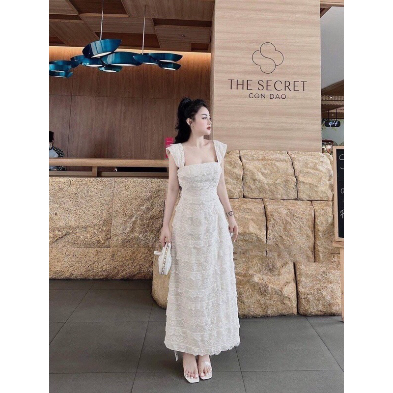 Đầm midi ren hoa 2S trắng