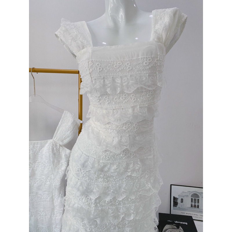 Đầm midi ren hoa 2S trắng