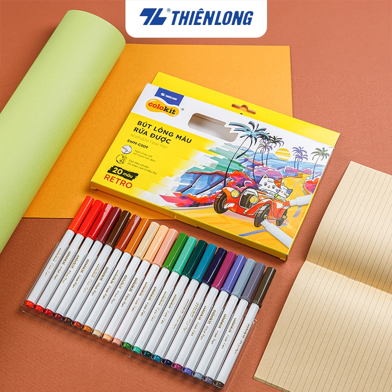 Bút lông màu Fiber Pen 20 màu Retro Thiên Long Colokit rửa được ngòi chóp viết nét thanh nét đậm SWM-C009