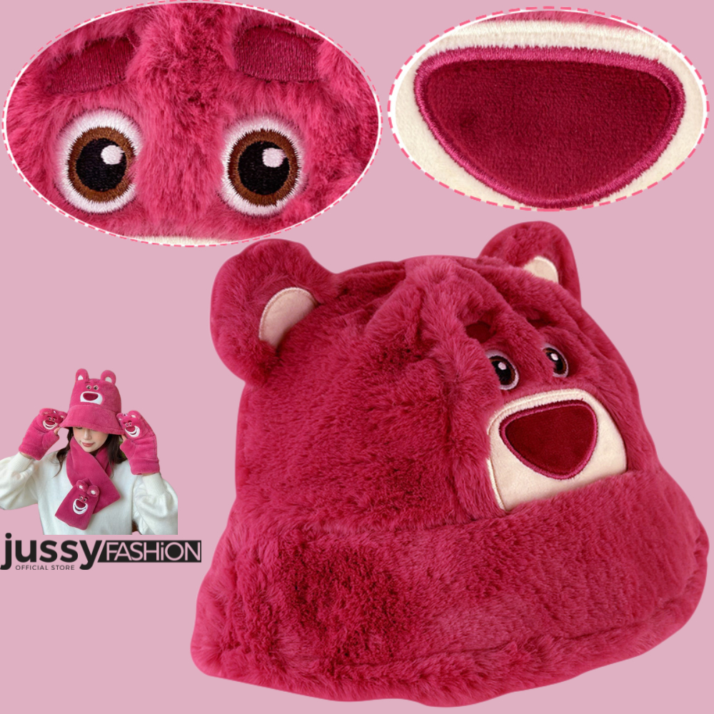 Mũ Bucket Gấu Dâu Hồng Jussy Official Nón Len Lông Gấu Dễ Thương Chất Len Lông Dày Mịn 2 Lớp Siêu Cute