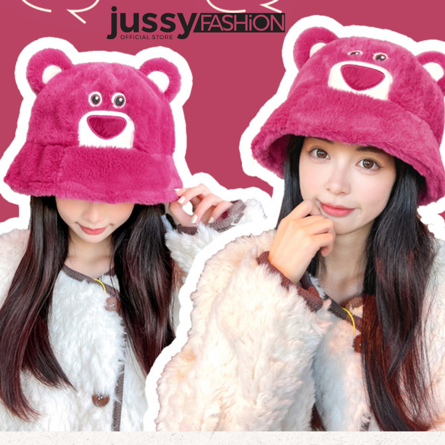 Mũ Bucket Gấu Dâu Hồng Jussy Official Nón Len Lông Gấu Dễ Thương Chất Len Lông Dày Mịn 2 Lớp Siêu Cute