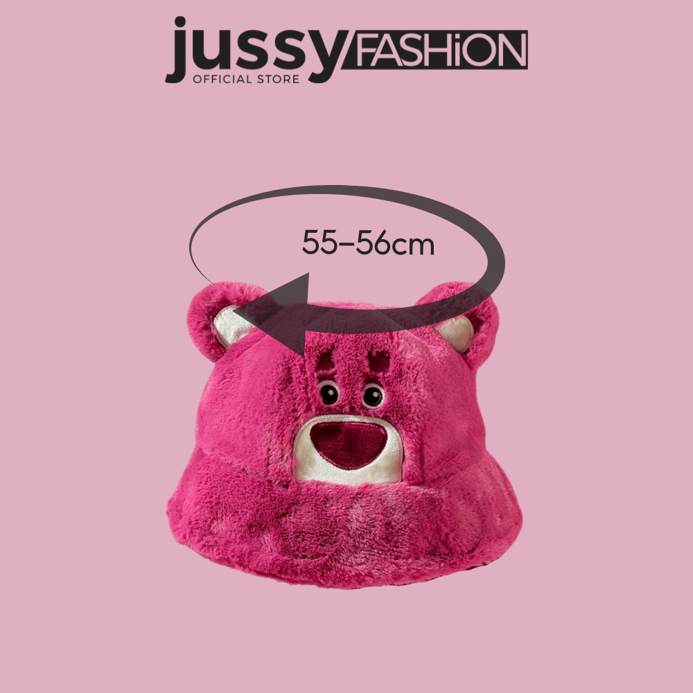 Mũ Bucket Gấu Dâu Hồng Jussy Official Nón Len Lông Gấu Dễ Thương Chất Len Lông Dày Mịn 2 Lớp Siêu Cute
