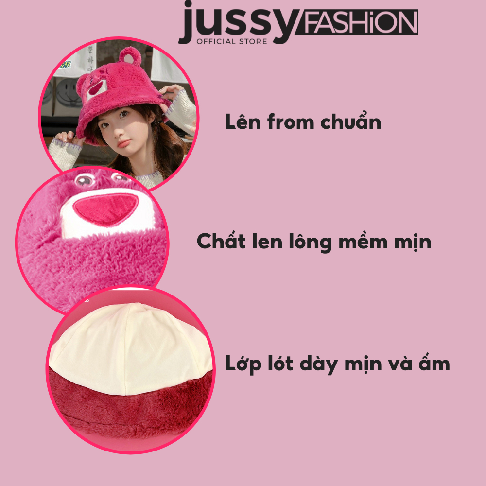 Mũ Bucket Gấu Dâu Hồng Jussy Official Nón Len Lông Gấu Dễ Thương Chất Len Lông Dày Mịn 2 Lớp Siêu Cute