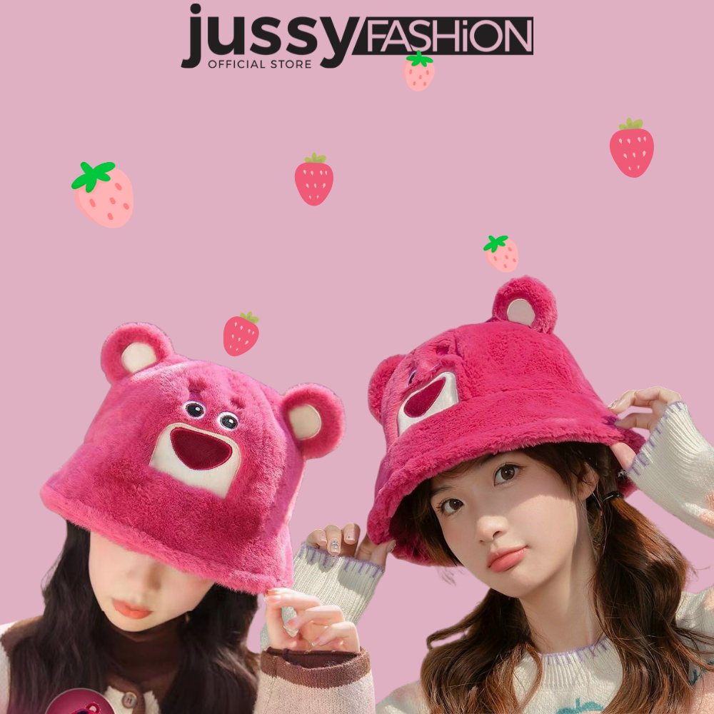 Mũ Bucket Gấu Dâu Hồng Jussy Official Nón Len Lông Gấu Dễ Thương Chất Len Lông Dày Mịn 2 Lớp Siêu Cute