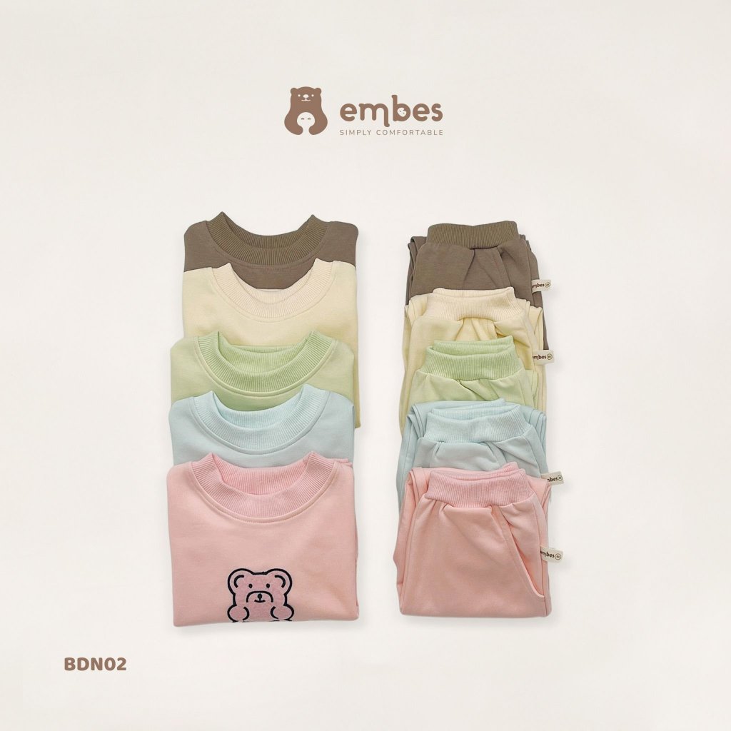 Bộ nỉ cho bé trai bé gái, bộ dài tay trẻ em Embes Việt Nam 9kg - 21kg