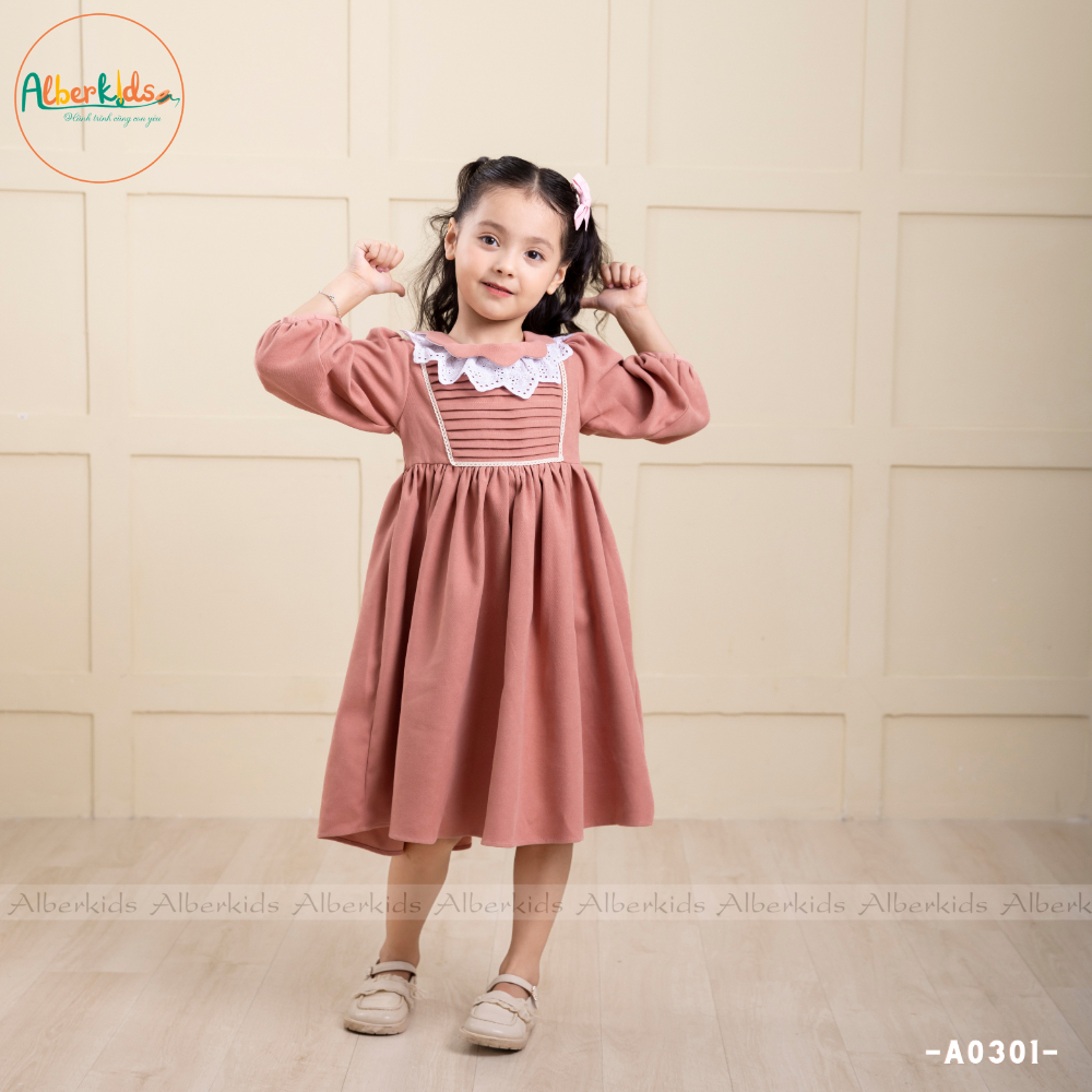 Váy bé gái ALBERKIDS cổ ren gân ngực cách điệu dài tay công chúa xinh đẹp cho trẻ em 2,3,4,5,6,7,8,9,10,11,12