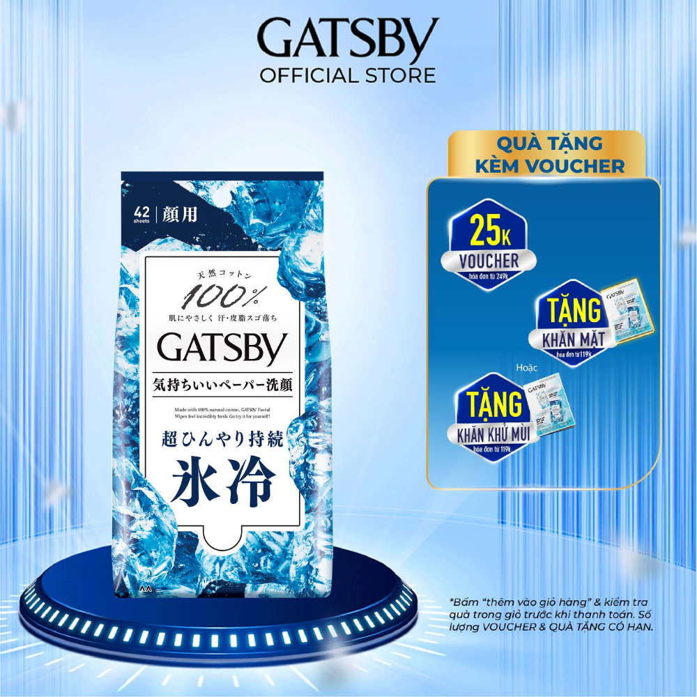 Khăn Lau Mặt GATSBY FACIAL WIPES ICE TYPE S 100% Cotton Sạch Da Siêu Mát Lạnh 42 tờ