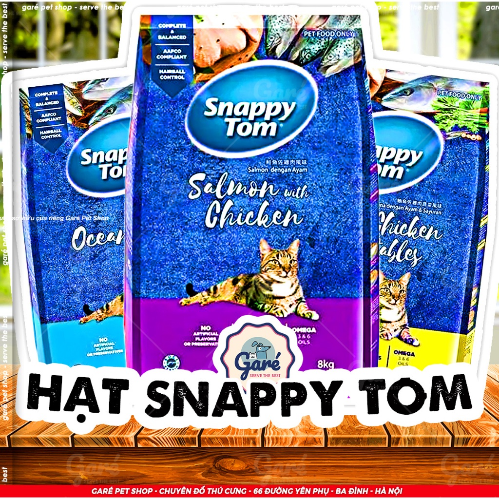 Hạt Snappy Tom cho Mèo có topping Thịt Cá Cơm thành phần từ Cá Hồi Thịt Gà Cá Biển và Rau củ