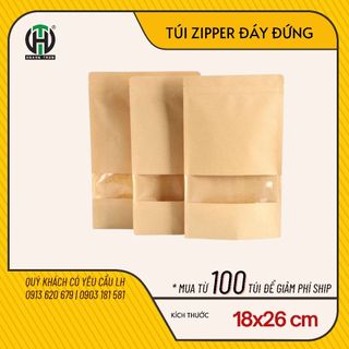 Túi zipper giấy Kraft, đáy đứng, có cửa sổ 18x26cm