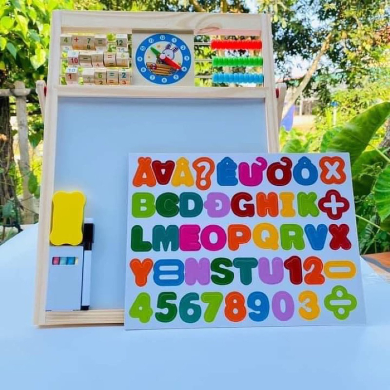 Bảng ghép số và chữ cái 2 mặt nam châm bằng gỗ, bảng 2 mặt edu tặng kèm bộ chữ + số