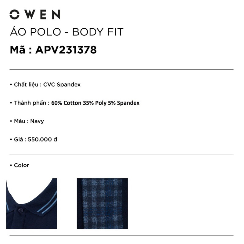 Áo polo owen màu xanh navy body fit vải cotton APV231378