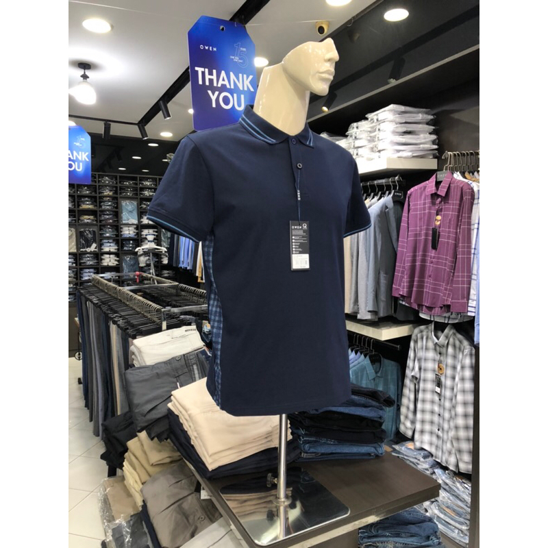 Áo polo owen màu xanh navy body fit vải cotton APV231378