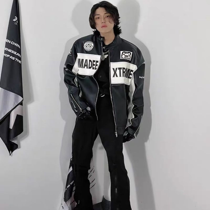 Áo khoác biker da PU dáng rộng phong cách retro dành cho Nam và Nữ