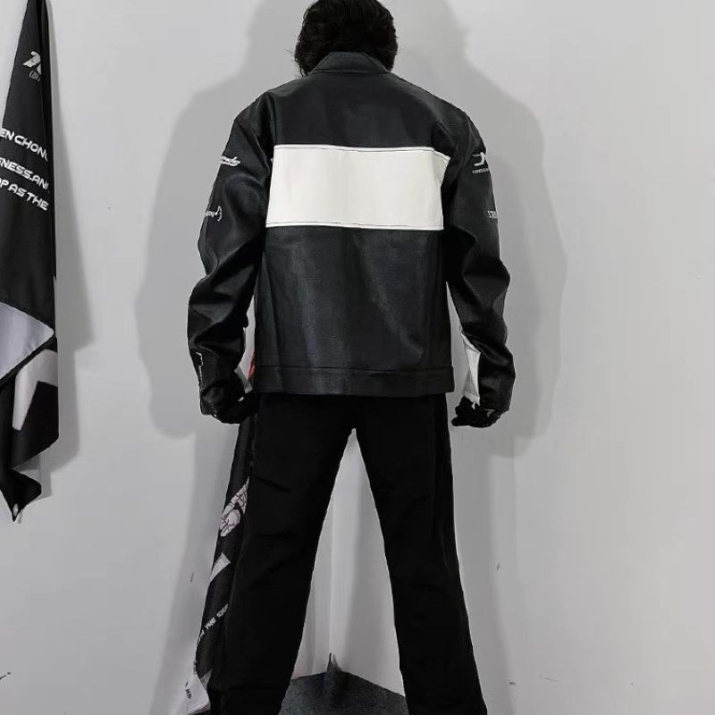 Áo khoác biker da PU dáng rộng phong cách retro dành cho Nam và Nữ