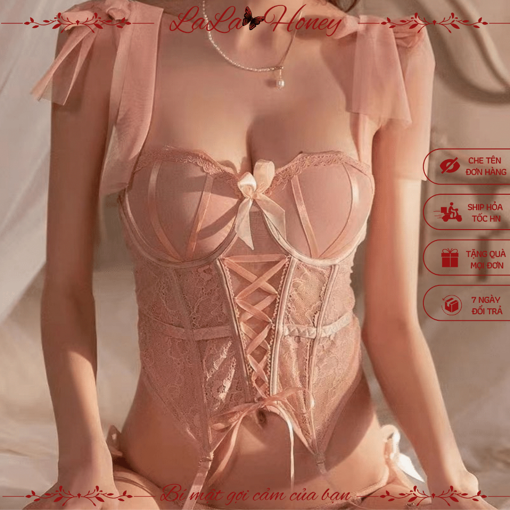 Bộ Nội Y Corset CAO CẤP Có Gọng Và Mút Nâng Ngực TẶNG Kèm Tất Sexy Gợi Cảm - LALA HONEY