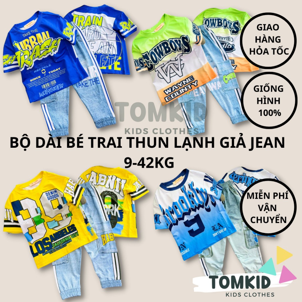 Bộ tay ngắn quần dài bé trai, đồ bộ cho bé chất thun lạnh giả jean 15-42KG TomKids